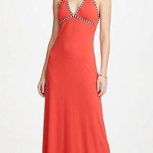 T-Bags Coral Halter Maxi Dress with Striped Trim